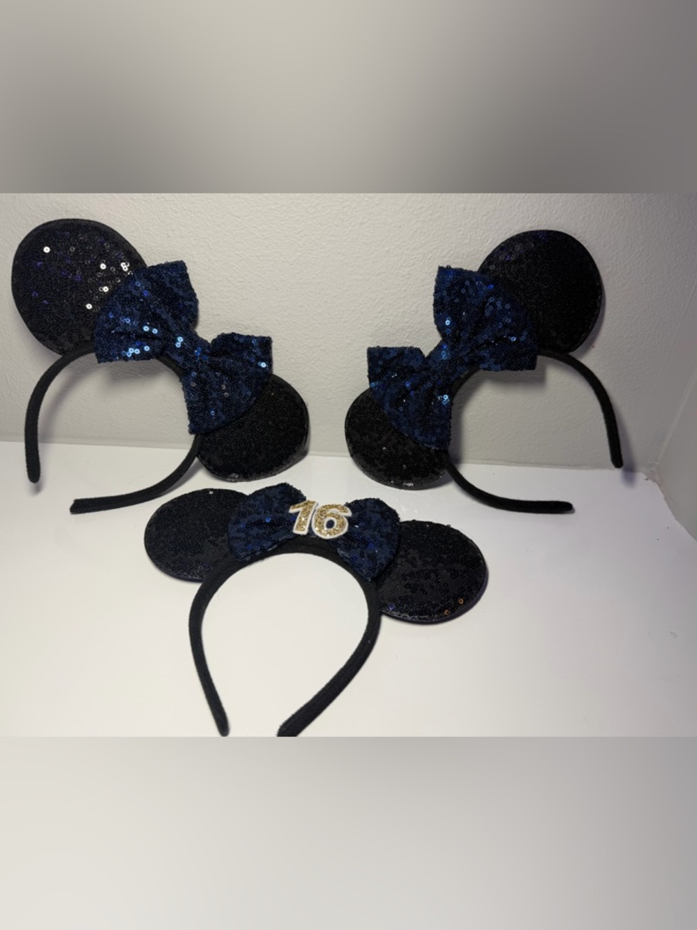 Set of 3 Sequined Black Minnie Ears Headband 1 with Navy Bow & Gold '16' Accent